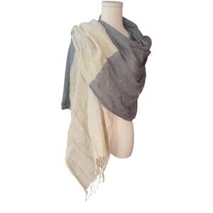 J. Crew Large Stripe Wrap Scarf w/Fringe Ivory Blue Gold Linen Cotton Blend